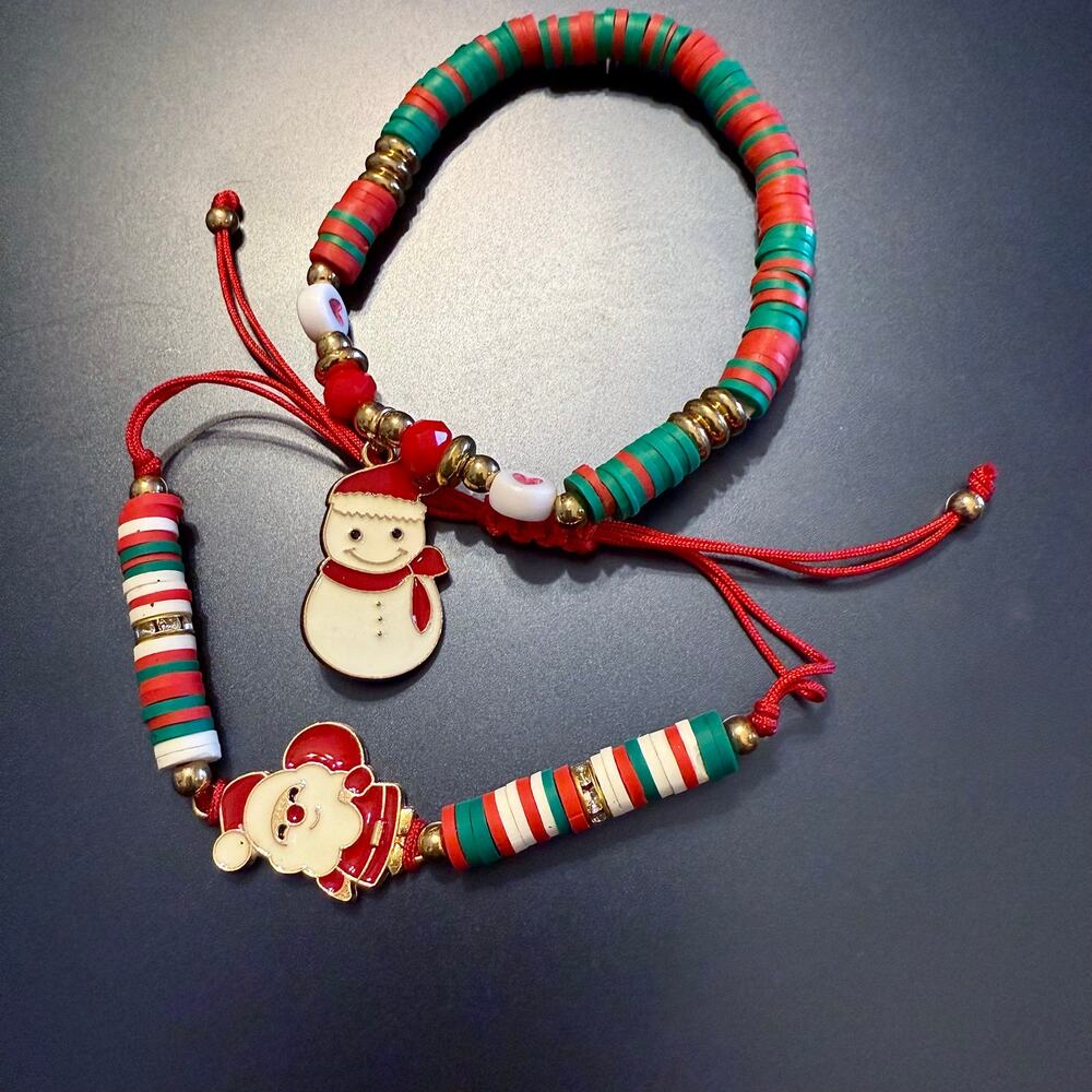Pair of Santa Snowman Holiday Polymer Clay Beaded Bracelets